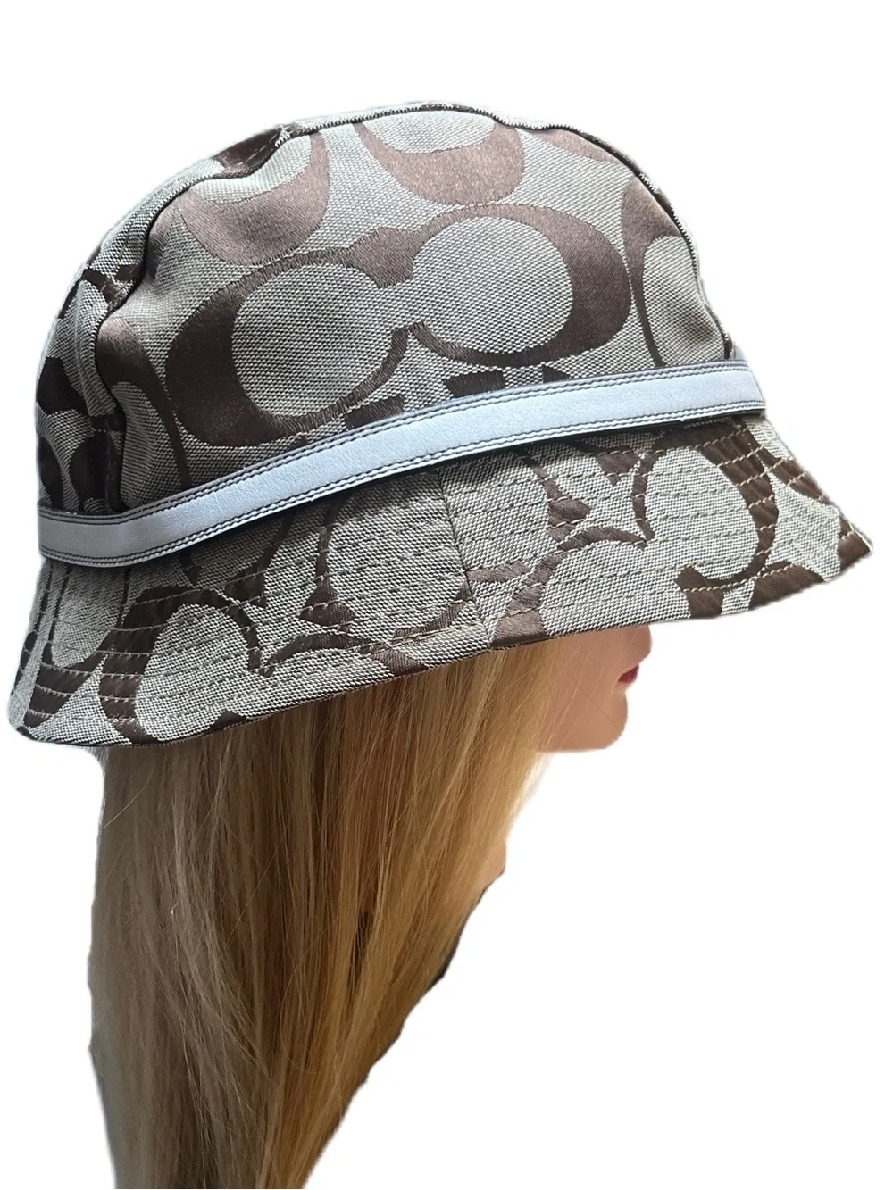 COACH Signature Jacquard Bucket Hat with Leather Trim Size Sm/P